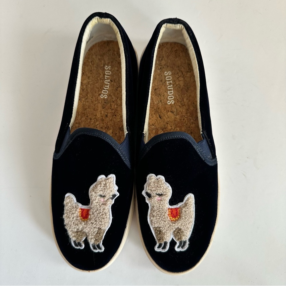 Soludos Navy Blue Velvet Llama Slip-On Sneakers Women’s Size‎ 7 Casual Cute